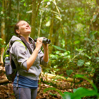 A woman bird watching in the forest